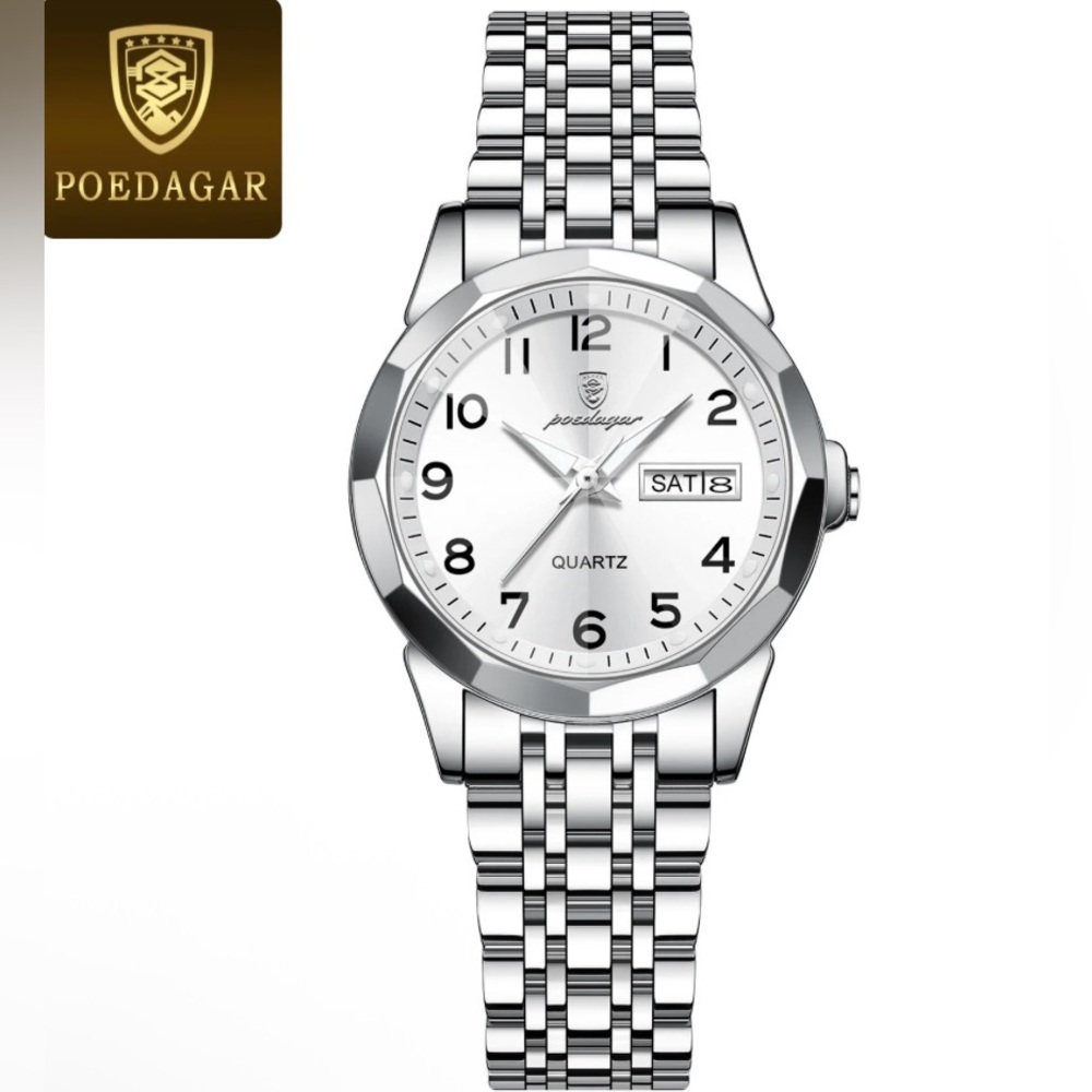 NWOT NIB Poedagar Silver Quartz Stainless Steel Men’s Watch W/White Watch Face